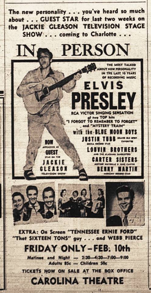 Elvis Presley Charlotte Observer advertisement - Note the tickets were 85 cents - February 1956