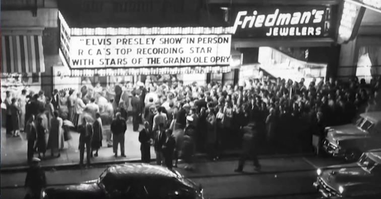 Marquee promotes Elvis as throngs gather for an evening performance - February 1956